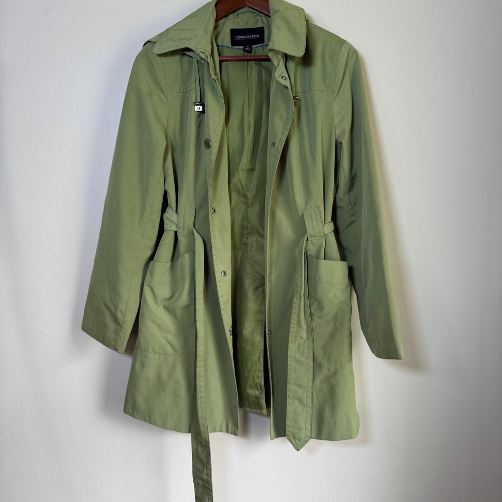 London Fog Hooded‎ Belted Classic Trench Coat Size S Sage Green